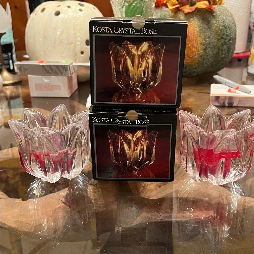Kosta Crystal Rose Candle Holders